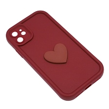 Чехол накладка для APPLE iPhone 11, силикон, 3D сердце, защита камеры, бортики, цвет бордовый Чехол накладка для APPLE iPhone 11, силикон, 3D сердце, защита камеры, бортики, цвет бордовый