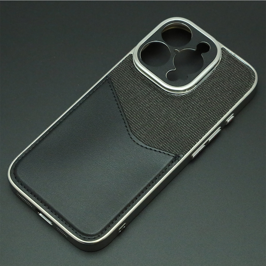 Чехол накладка PROTECTION SHELL для APPLE iPhone 16 Pro (6.3"), защита камеры, подставка, отдел для карт, металл, ткань, цвет серебристо черный