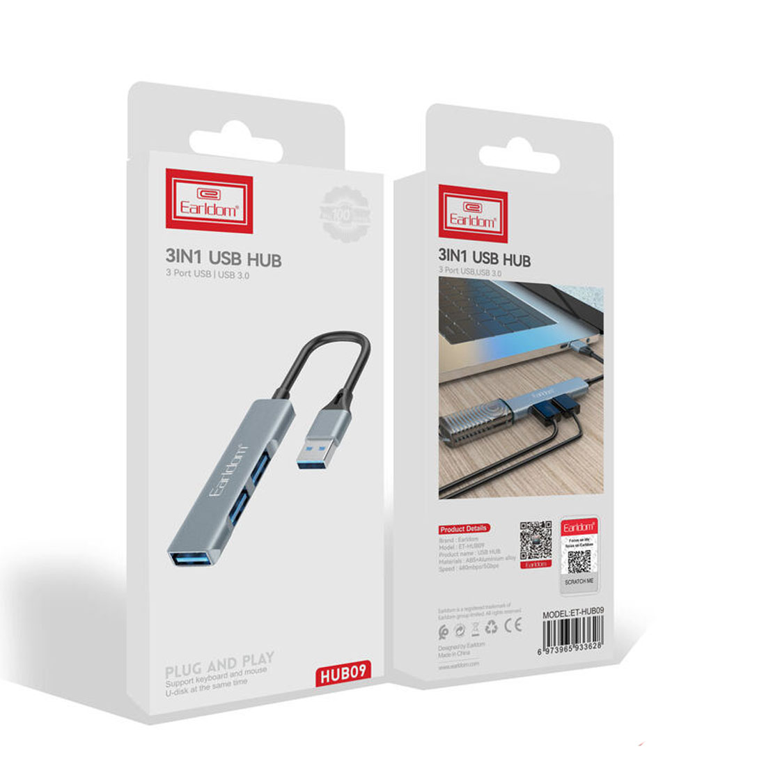 Хаб концентратор, переходник EARLDOM ET-HUB09 с 1 USB A на 3 USB A, цвет серебристый