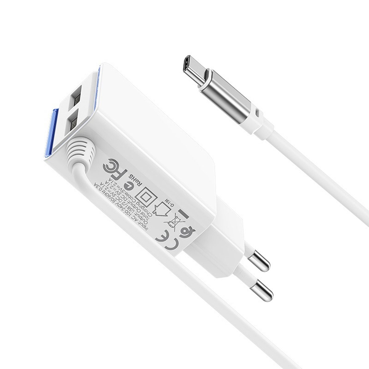 BOROFONE BA35A Brilliant, сетевое зарядное устройство с двумя USB портами, встроенный кабель Type-C, ток 2.1A, цвет белый | Последняя цена