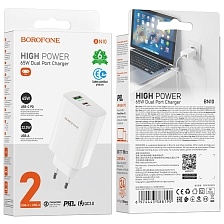 СЗУ (Сетевое зарядное устройство) BOROFONE BN10 Sunlight, 1 USB A, 1 USB Type C, PD65W, QC3.0, цвет белый