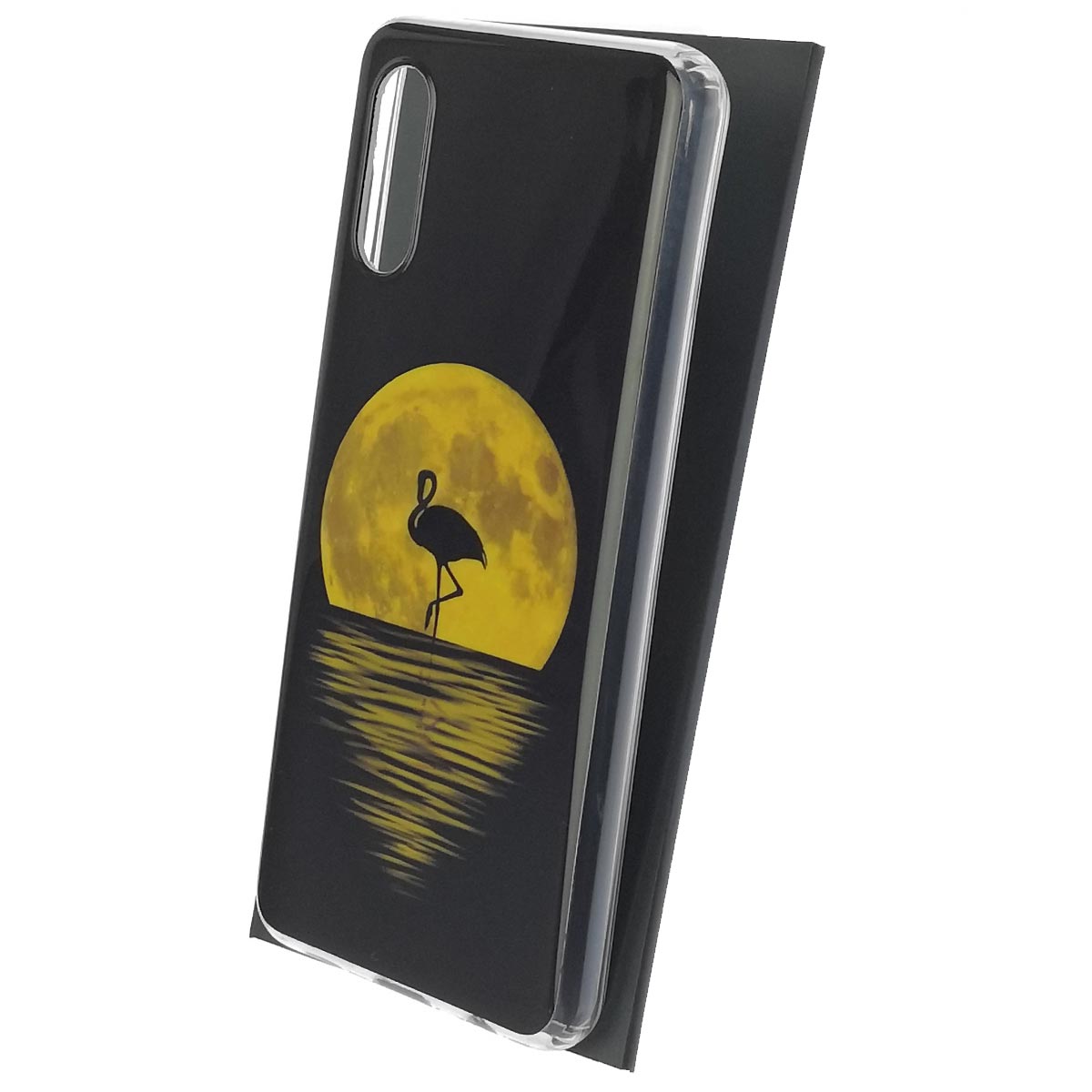 Чехол накладка для SAMSUNG Galaxy A02 (SM-A022G/DS), силикон, глянцевый, рисунок Фламинго и луна