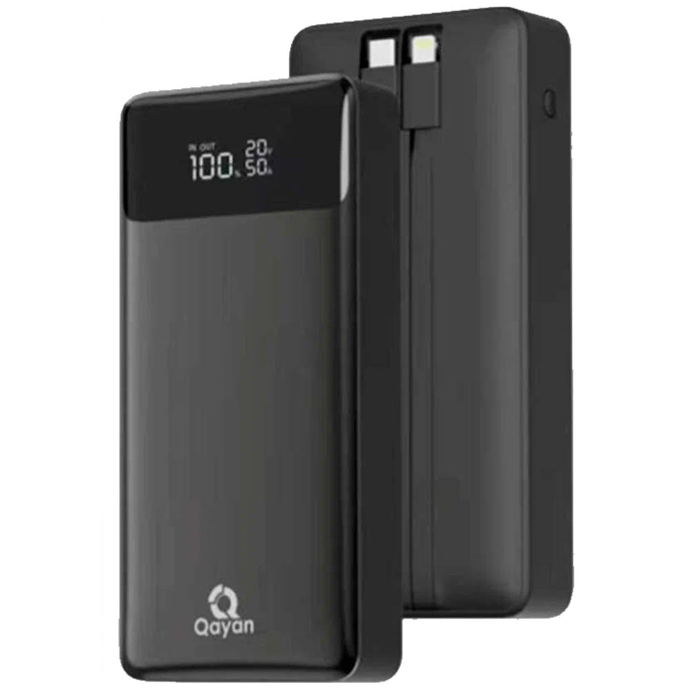 Внешний портативный аккумулятор, Power Bank QAYAN QPB-148 со встроенными кабелями USB Type C, Lightning 8 pin, 10000 mAh, 22.5W, LED дисплей, цвет черный