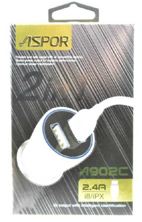 АЗУ 2в1 ASPOR A902 (блок питания+кабель lightning) 2USB/2.4A, белый.