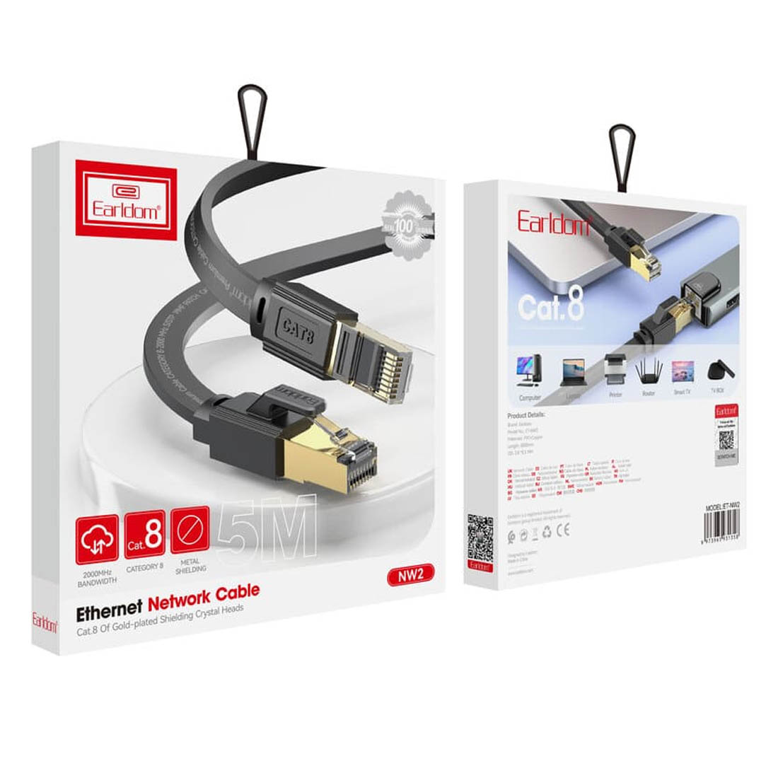 Патч-корд (UTP), сетевой кабель для интернета, плоский EARLDOM ET-NW2, разъемы RJ-45, Cat.8, длина 5 метров, цвет черный