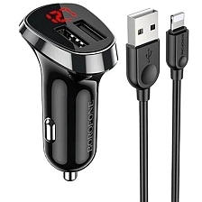 АЗУ (Автомобильное зарядное устройство) BOROFONE BZ15 Auspicious с кабелем APPLE Lightning 8 pin, 2.4А, 12W, 2xUSB, цвет черный