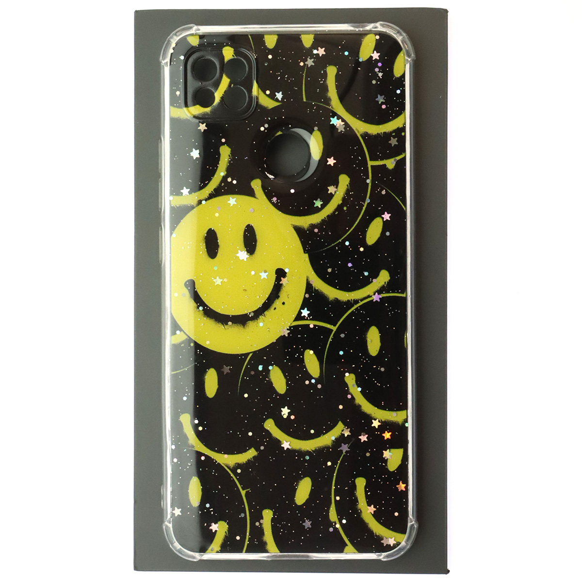 Чехол накладка для XIAOMI Redmi 9C, Redmi 10A, силикон, глянцевый, блестки, рисунок Смайлики