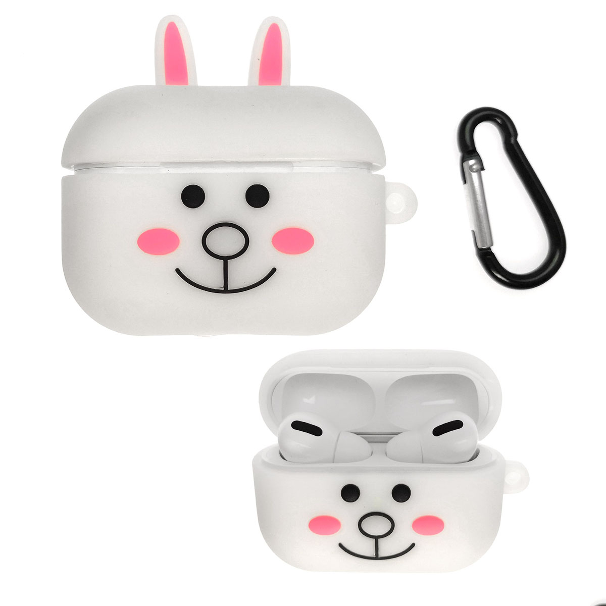 Чехол для беспроводных наушников APPLE AirPods Pro, силиконовый с карабином, цвет бело розовый 3D Зайка. Чехол для беспроводных наушников APPLE AirPods Pro, силиконовый с карабином, цвет бело розовый 3D Зайка.