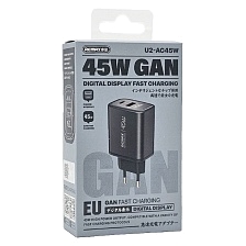 СЗУ (Сетевое зарядное устройство) REMAX GaN U2-AC45W, 45W, 1 USB Type C, 1 USB A, Led дисплей, цвет черный