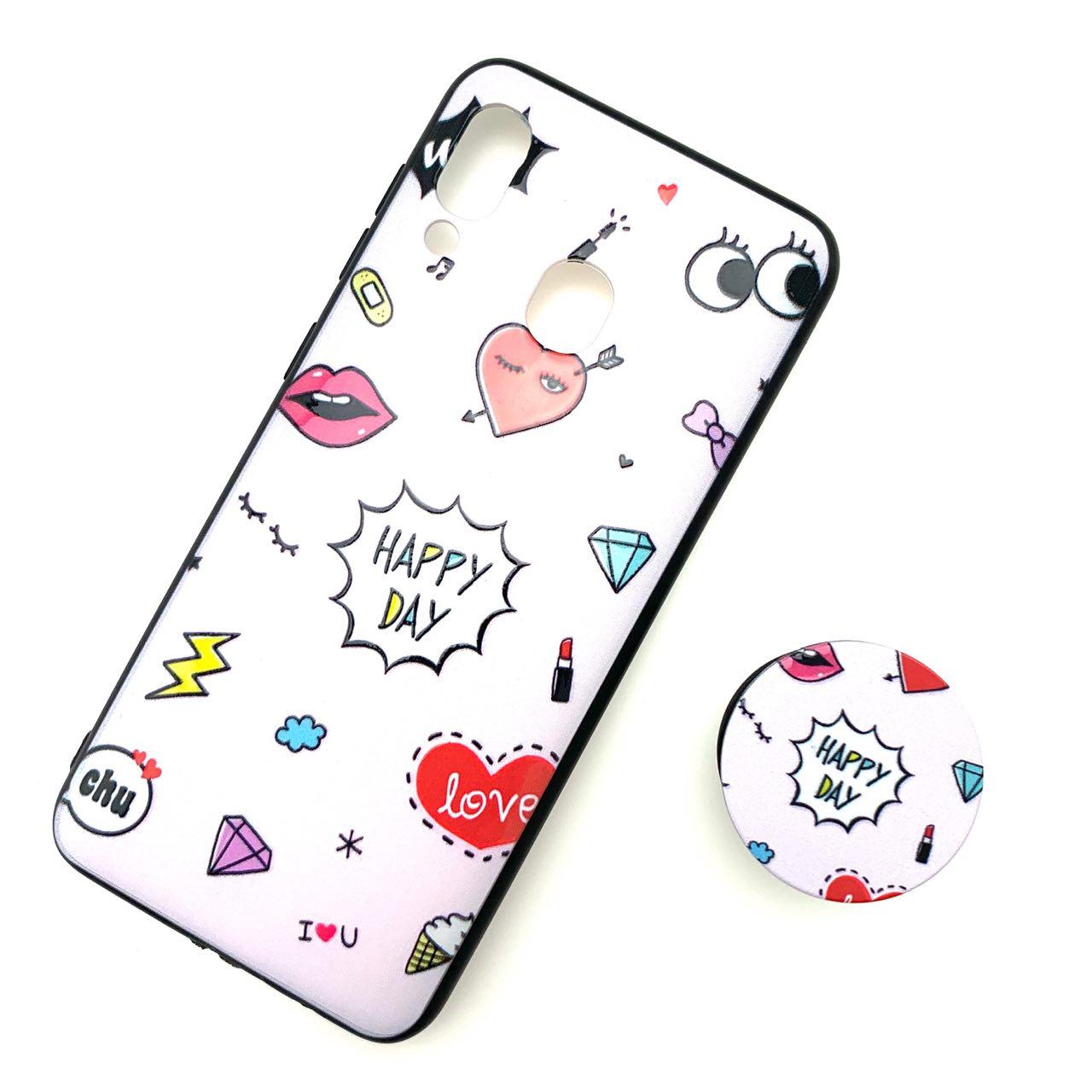 Чехол накладка для SAMSUNG Galaxy A30 (SM-A305), силикон, с поп сокетом, рисунок Happy Day.
