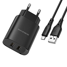СЗУ (Сетевое зарядное устройство) BOROFONE BN2 Super fast с кабелем Micro USB, 2.1А, длина 1 метр, цвет черный СЗУ (Сетевое зарядное устройство) BOROFONE BN2 Super fast с кабелем Micro USB, 2.1А, длина 1 метр, цвет черный