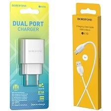 СЗУ (Сетевое зарядное устройство) с кабелем Micro USB, 2.1A, 2 USB A, длина 1 метр, цвет белый