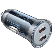 АЗУ (Автомобильное зарядное устройство) BOROFONE BZ26B, 45W, 2 USB Type C, PD25W, QC3.0, цвет прозрачно синий АЗУ (Автомобильное зарядное устройство) BOROFONE BZ26B, 45W, 2 USB Type C, PD25W, QC3.0, цвет прозрачно синий