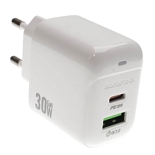 СЗУ (Сетевое зарядное устройство) BOROFONE BAS45A Potential, 30W, 1 USB Type C, 1 USB, PD30W, QC3.0, цвет белый СЗУ (Сетевое зарядное устройство) BOROFONE BAS45A Potential, 30W, 1 USB Type C, 1 USB, PD30W, QC3.0, цвет белый