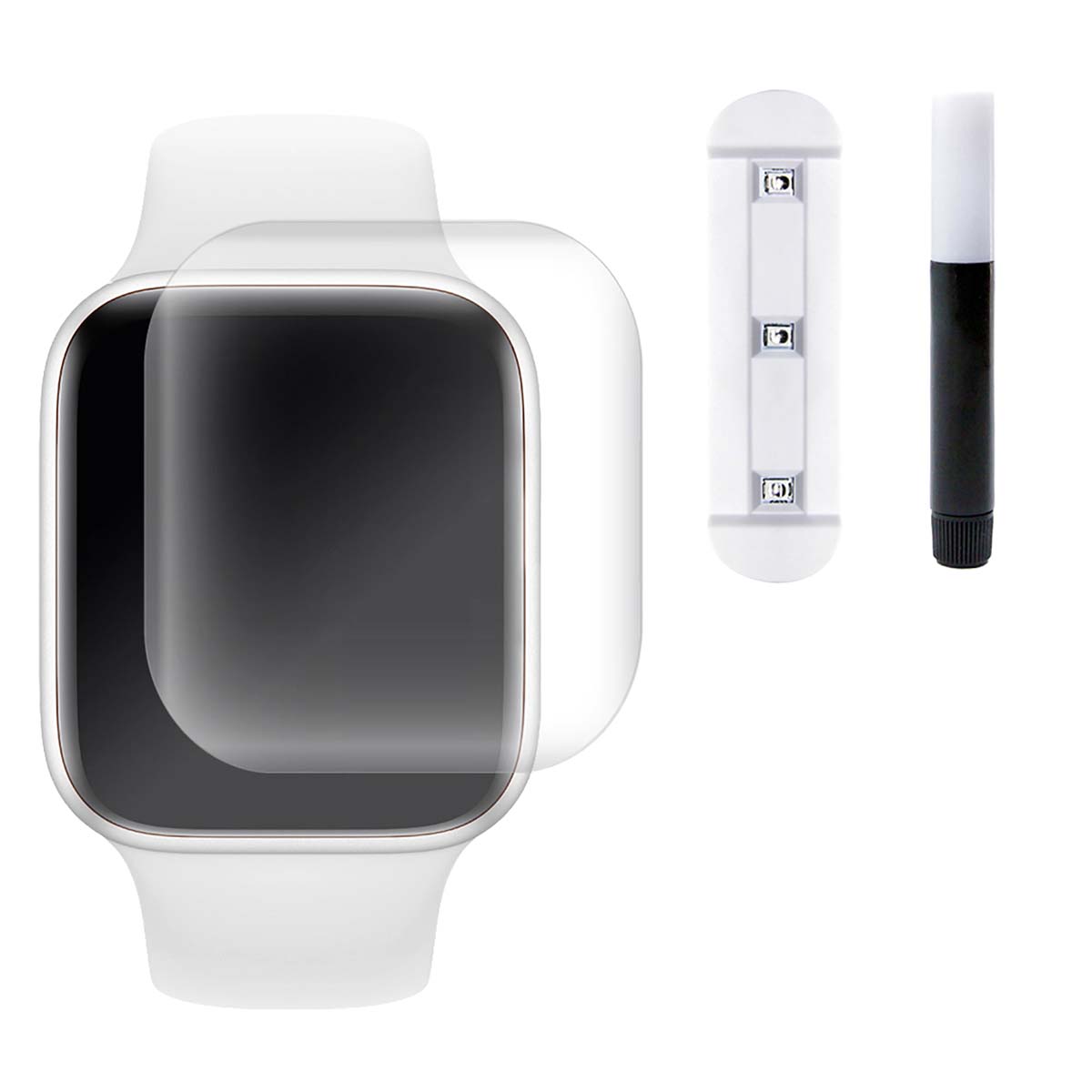 Защитная пленка, стекло Nano UV для APPLE Watch 38 мм, на весь экран, клей и лампа, цвет прозрачный Защитная пленка, стекло Nano UV для APPLE Watch 38 мм, на весь экран, клей и лампа, цвет прозрачный