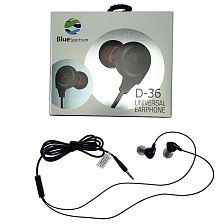 Гарнитура (наушники с микрофоном) проводная, BlueSpectrum D-36, вакуумные, цвет черный