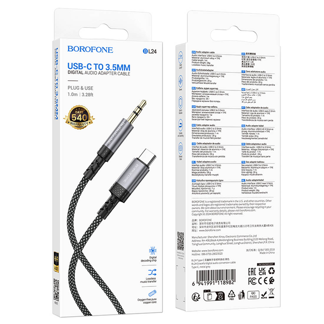 Аудио кабель, переходник BOROFONE BL24 Graceful USB Type C на AUX (Jack 3.5 мм), длина 1 метр, цвет темно серый