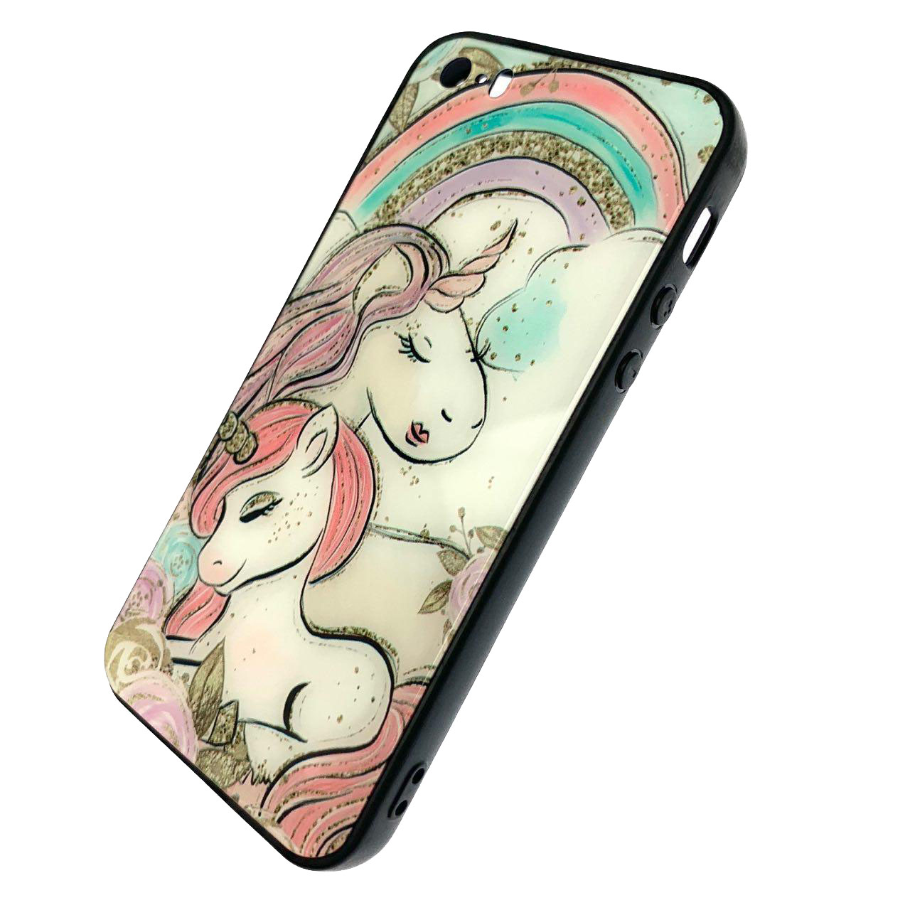 Чехол накладка для APPLE iPhone 5, 5S, SE, силикон, имитация стекла, рисунок Единороги.