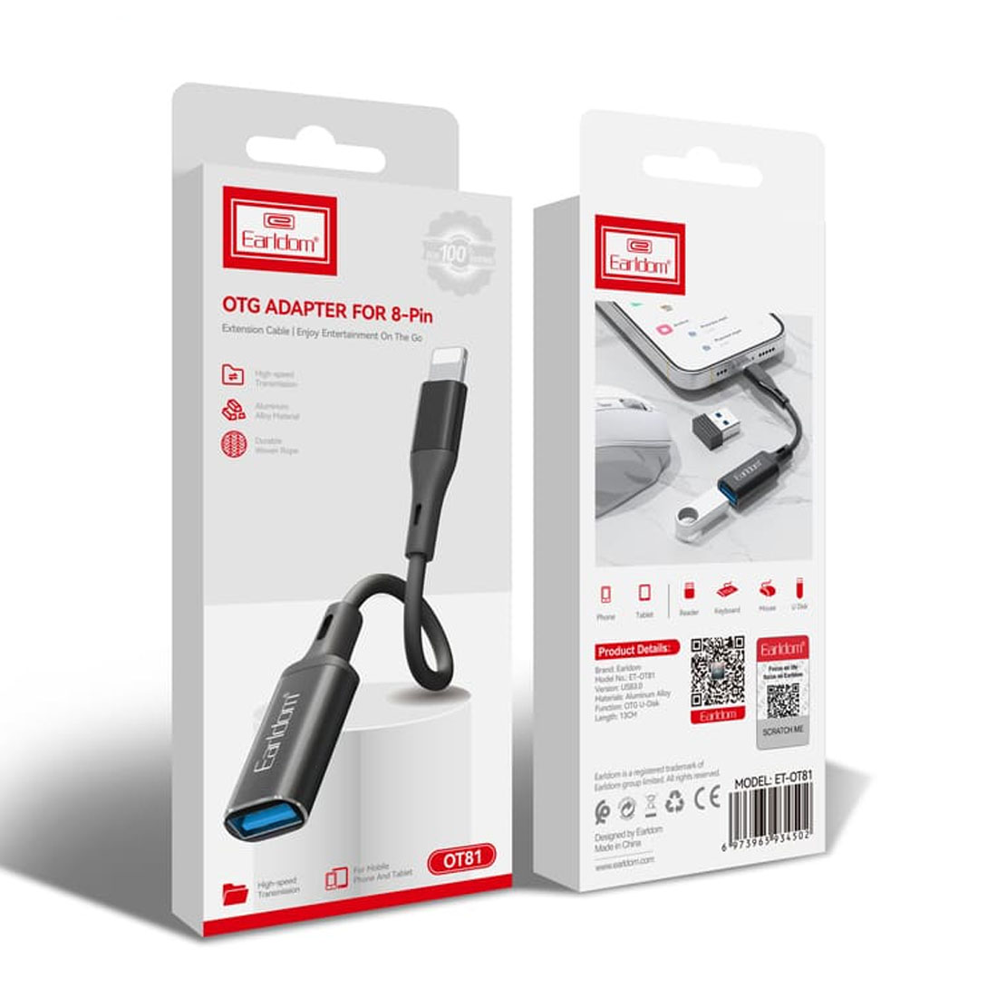 OTG переходник, адаптер EARLDOM ET-OT81 с Lightning 8 pin (папа) на USB A (мама), длина 13 см, цвет черный