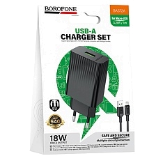 СЗУ (Сетевое зарядное устройство) BOROFONE BAS72A с кабелем Micro USB, 18W, 1 USB, QC3.0, длина 1 метр, цвет черный СЗУ (Сетевое зарядное устройство) BOROFONE BAS72A с кабелем Micro USB, 18W, 1 USB, QC3.0, длина 1 метр, цвет черный