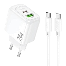 СЗУ (Сетевое зарядное устройство) HOCO CS54A Surplus с кабелем USB Type C на USB Type C, 20W, 1 USB, 1 USB Type C, PD20W, QC3.0, длина 1 метр, цвет белый СЗУ (Сетевое зарядное устройство) HOCO CS54A Surplus с кабелем USB Type C на USB Type C, 20W, 1 USB, 1 USB Type C, PD20W, QC3.0, длина 1 метр, цвет белый