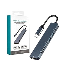 USB HUB Хаб, концентратор, адаптер Type-C 7 в 1 (OT-UC902S), Type-C, 2xUSB, SD/MicroSD, HDMI, USB-C PD, цвет темно серебристый