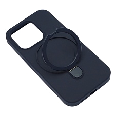 Чехол накладка для APPLE iPhone 15 Pro, кольцо держатель, силикон, бархат, цвет темно синий