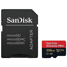 Карта памяти MicroSDXC 256GB SANDISK Extreme Pro Class 10 A2 UHS-I (U3) V30, 200 МБ/сек, цвет черно красный Карта памяти MicroSDXC 256GB SANDISK Extreme Pro Class 10 A2 UHS-I (U3) V30, 200 МБ/сек, цвет черно красный
