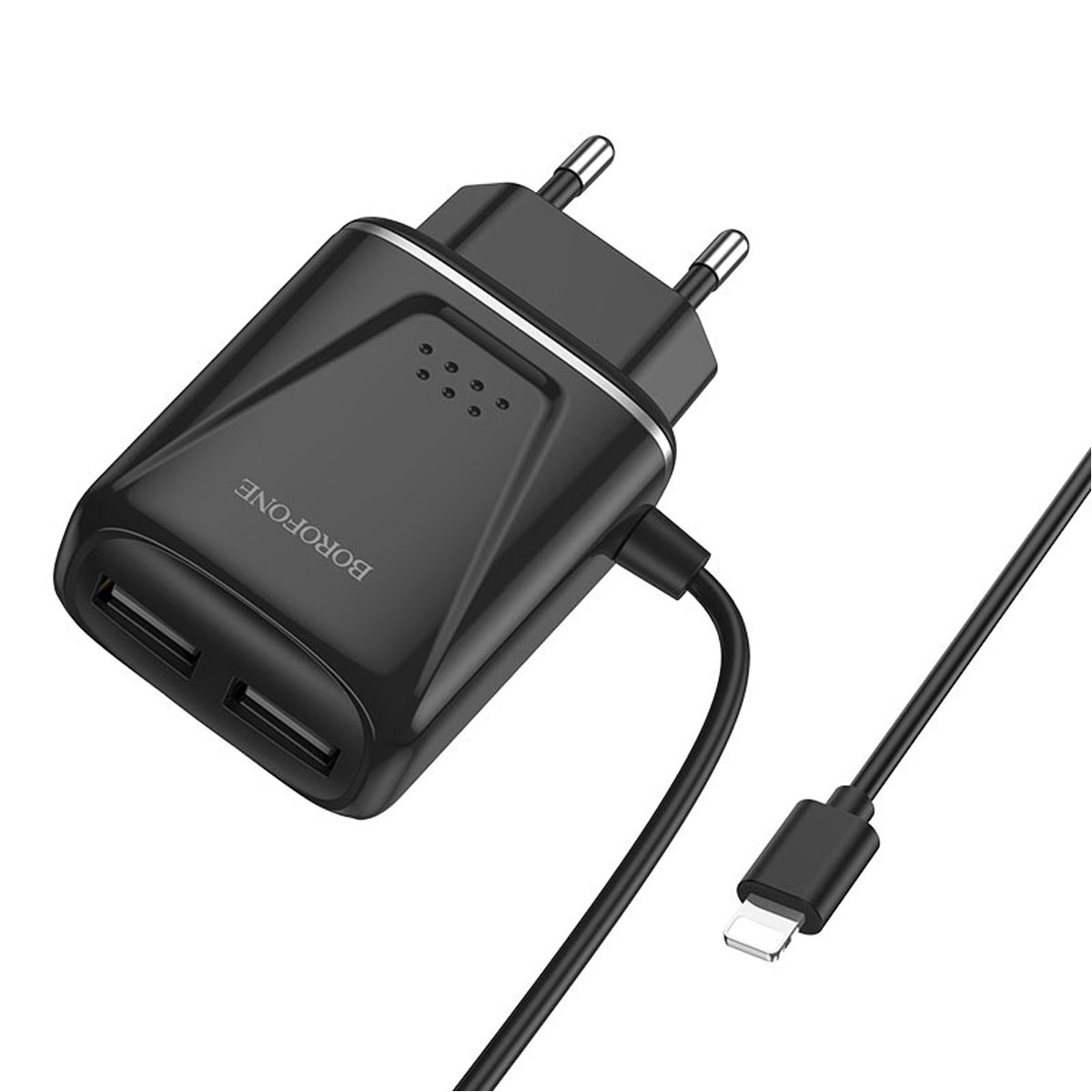 СЗУ (Сетевое зарядное устройство) BOROFONE BA50A Beneficence со встроенным кабелем APPLE Lightning 8 pin, 2.1A, 2 USB, длина 1 метр, цвет черный (-50%)