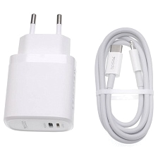 СЗУ (Сетевое зарядное устройство) YESIDO YC44 с кабелем USB Type C на Lightning 8 pin, 20W, 1 USB Type C, 1 Lightning 8 pin, длина 1 метр, цвет белый
