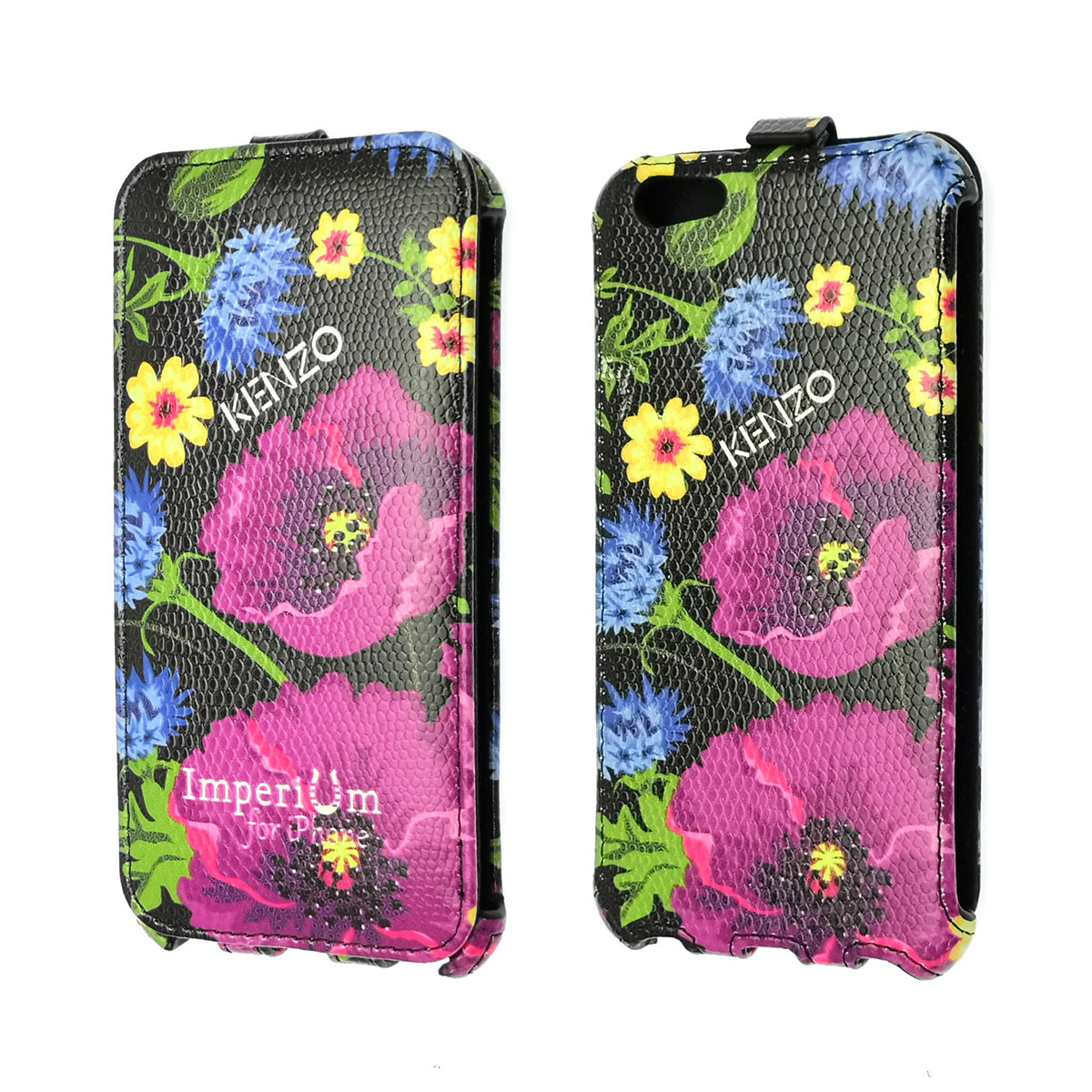 Чехол книжка KENZO для APPLE iPhone 6, 6G, 6S, экокожа, рисунок фиолетовые цветы