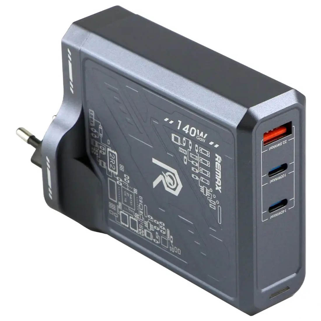 СЗУ (Сетевое зарядное устройство) REMAX RP-U106 GaN Mecha Warrior Series, 1 USB, 2 TYPE-C, 140W, цвет серый