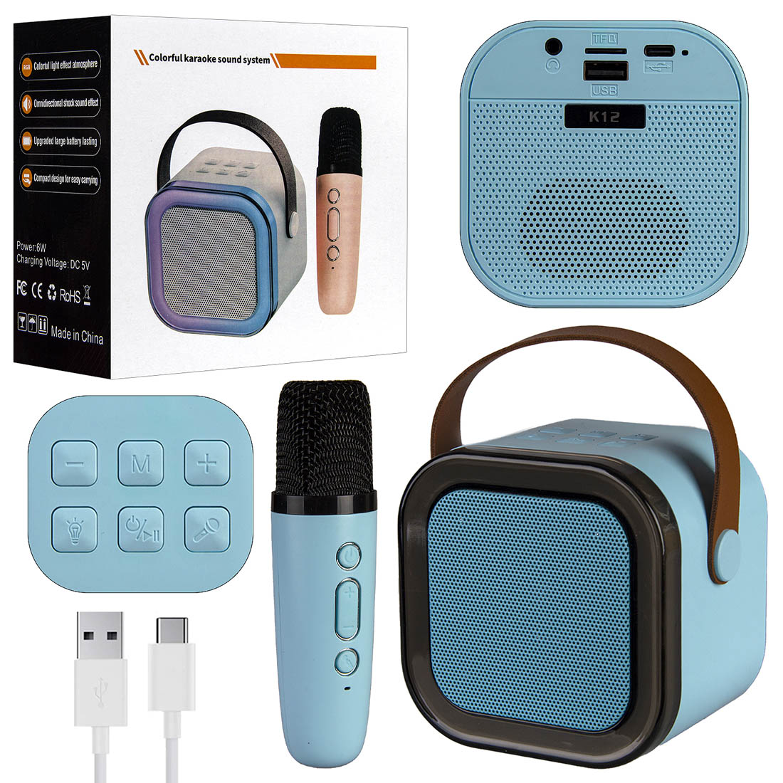 Колонка портативная, караоке микрофон K12, Bluetooth, TF card, USB, AUX, RGB подсветка, цвет голубой