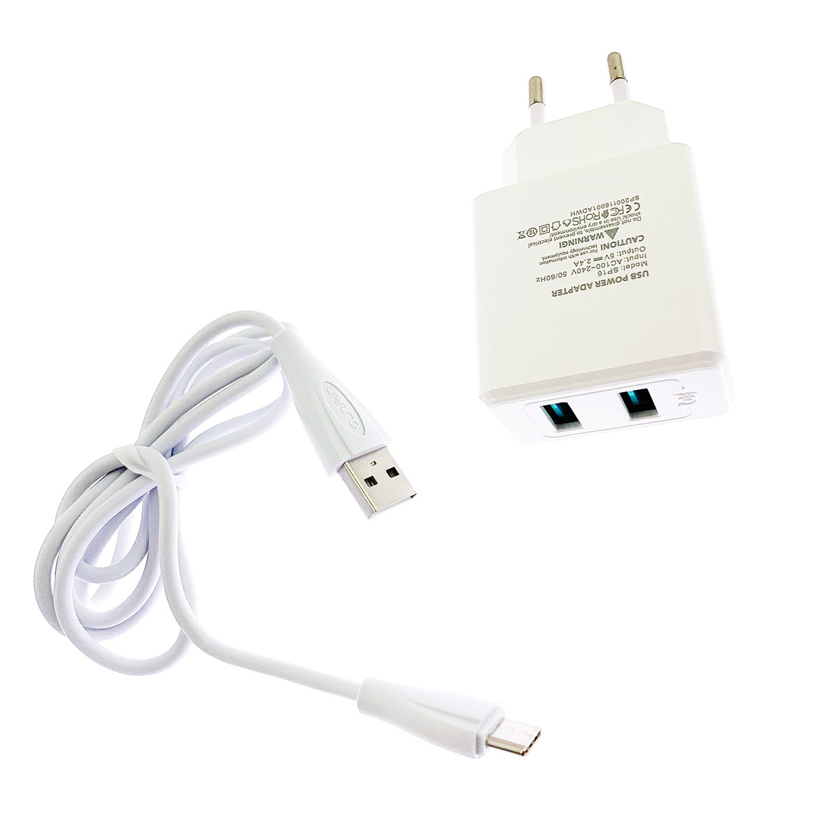 СЗУ (сетевое зарядное устройство) SunPin SP16 на 2 USB порта, интеллектуальная SMART скоростная зарядка 5V-2.4A, в наборе с кабелем длиной 1 метр Type-C aka USB-C, цвет белый. СЗУ (сетевое зарядное устройство) SunPin SP16 на 2 USB порта, интеллектуальная SMART скоростная зарядка 5V-2.4A, в наборе с кабелем длиной 1 метр Type-C aka USB-C, цвет белый.