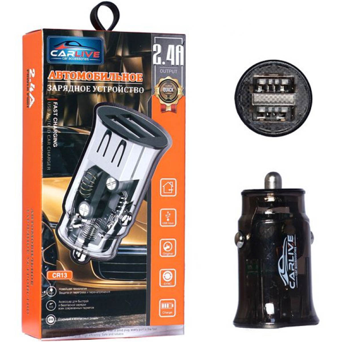 АЗУ (Автомобильное зарядное устройство) CARLIVE CR13, 2 USB, 2.4A, цвет черный
