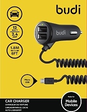 АЗУ (Автомобильное зарядное устройство) BUDI M8J068M Rev.A00 с кабелем Micro USB, 2 USB, 2.4A, 1.8 метра, цвет черный | Распродажа по 390