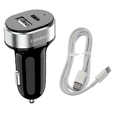 АЗУ (Автомобильное зарядное устройство) EARLDOM ES-CC14i с кабелем USB Type-C на Lightning 8 pin, 2.4А, 12V, 1 USB, 1 PD, цвет черно серебристый