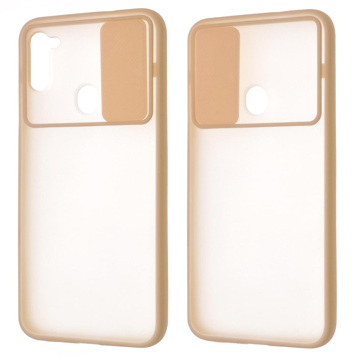 Чехол накладка для SAMSUNG Galaxy A11 (SM-A115), Galaxy M11 (M115), силикон, пластик, матовый, со шторкой для защиты задней камеры, цвет окантовки персиковый