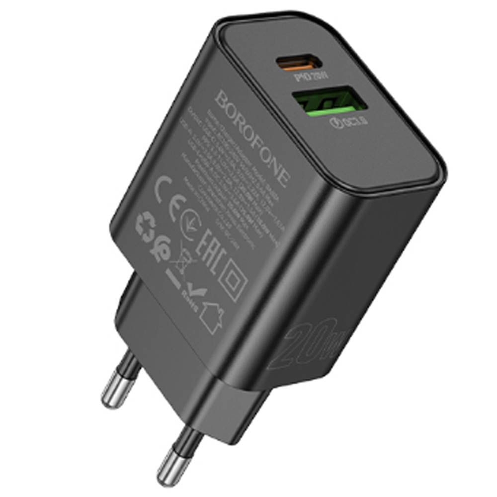 СЗУ (Сетевое зарядное устройство) BOROFONE BA88A 1 Type C, 1 USB, 20W длина 1 метр, цвет черный СЗУ (Сетевое зарядное устройство) BOROFONE BA88A 1 Type C, 1 USB, 20W длина 1 метр, цвет черный