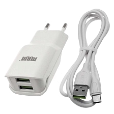 СЗУ (сетевое зарядное устройство) MRM MR24t на 2 USB порта, 5V 2.4A MAX, с кабелем Type-C, длина 1м, цвет белый СЗУ (сетевое зарядное устройство) MRM MR24t на 2 USB порта, 5V 2.4A MAX, с кабелем Type-C, длина 1м, цвет белый