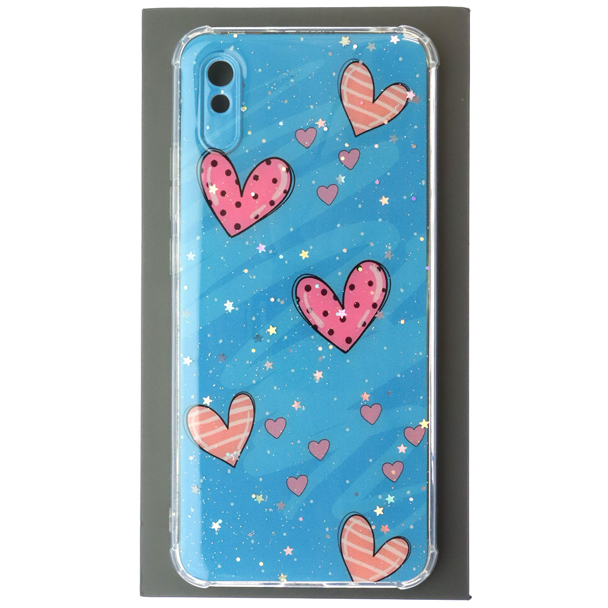 Чехол накладка для XIAOMI Redmi 9A, силикон, глянцевый, блестки, рисунок Сердечки