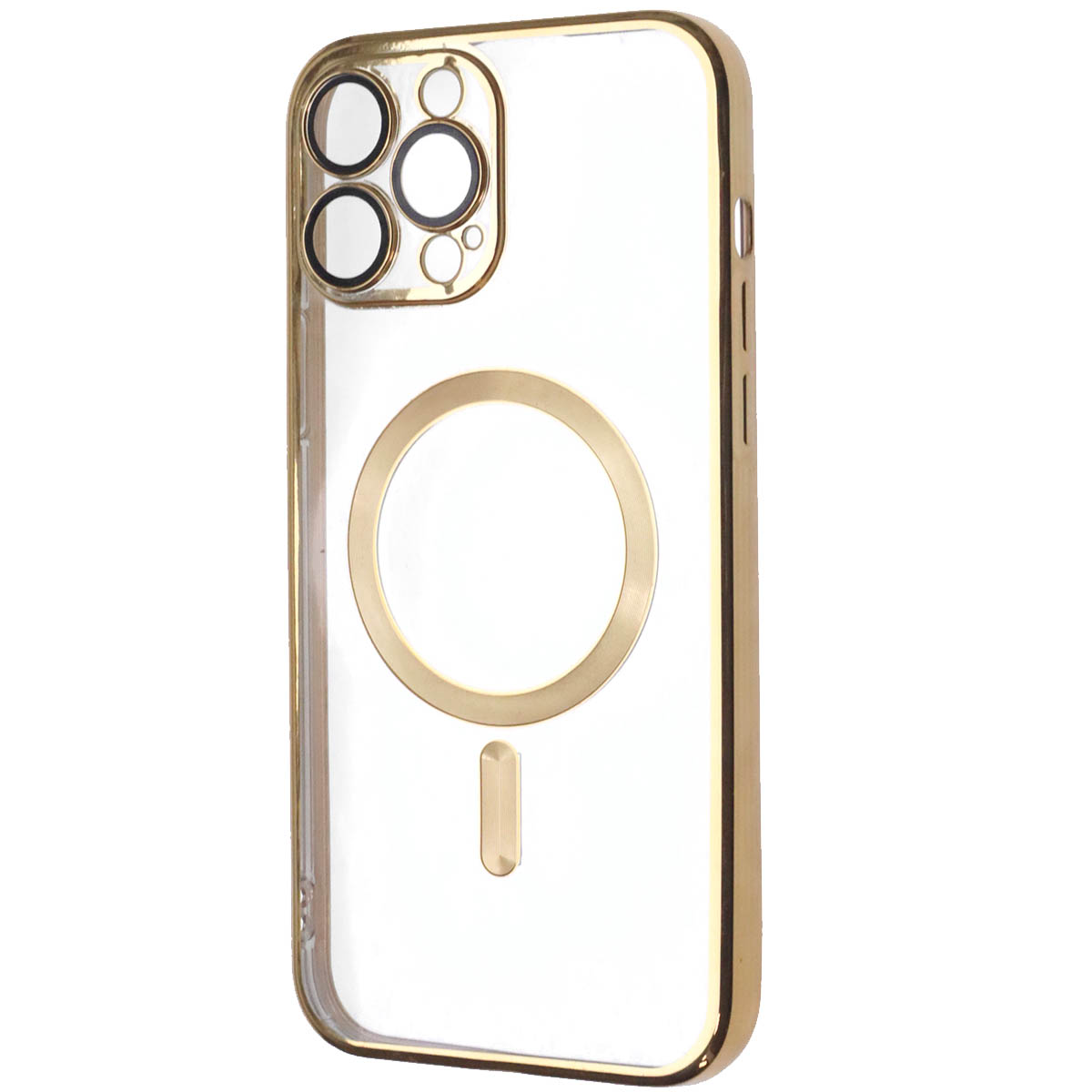 Чехол накладка FASHION CASE с поддержкой MagSafe для APPLE iPhone 13 Pro Max, силикон, защита камеры, цвет окантовки золотистый