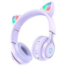 Гарнитура (наушники с микрофоном) беспроводная, полноразмерная, HOCO W39 Cat ear, светящиеся ушки, цвет фиолетовый Гарнитура (наушники с микрофоном) беспроводная, полноразмерная, HOCO W39 Cat ear, светящиеся ушки, цвет фиолетовый
