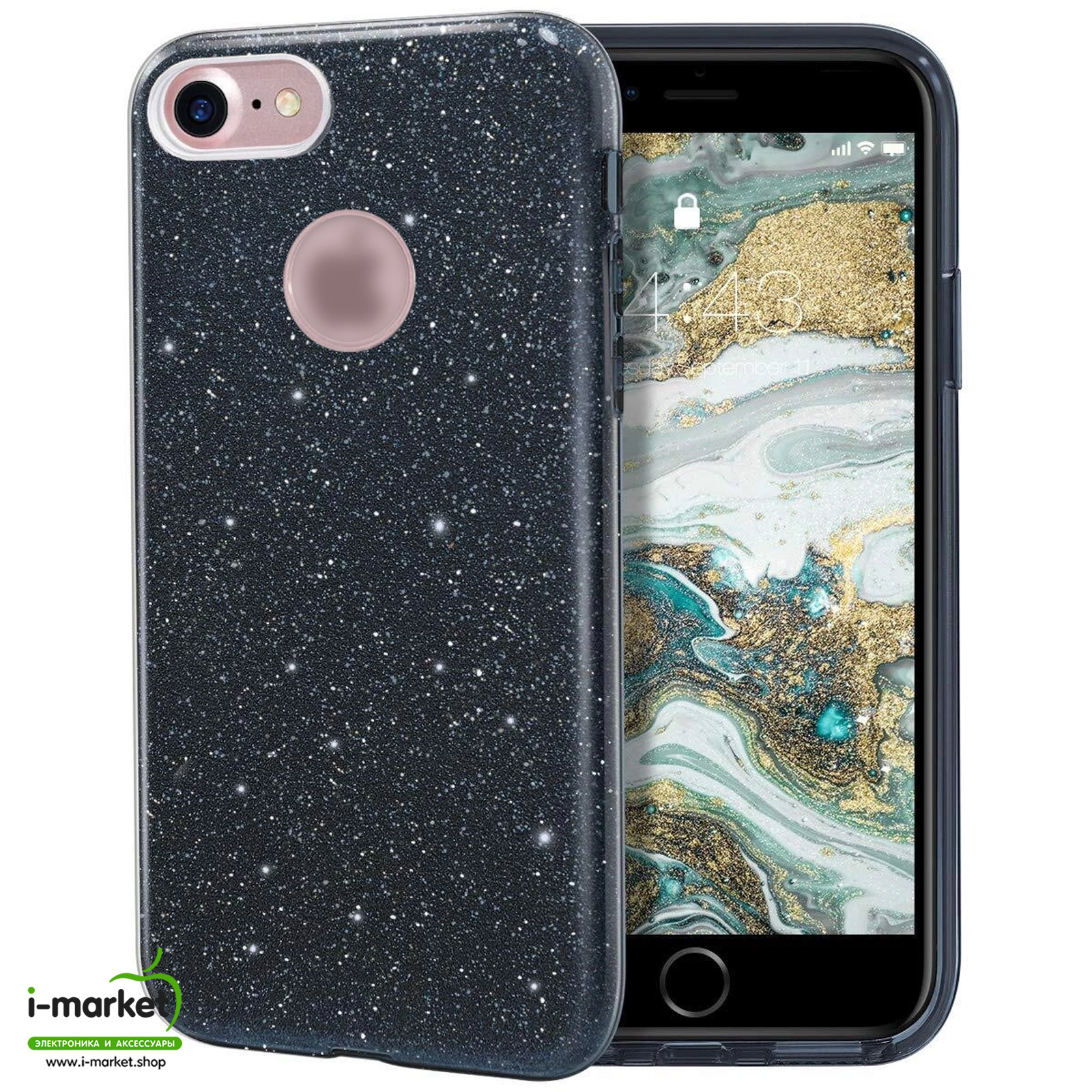 Чехол накладка Shine для APPLE iPhone 7, iPhone 8, силикон, блестки, цвет черный Чехол накладка Shine для APPLE iPhone 7, iPhone 8, силикон, блестки, цвет черный