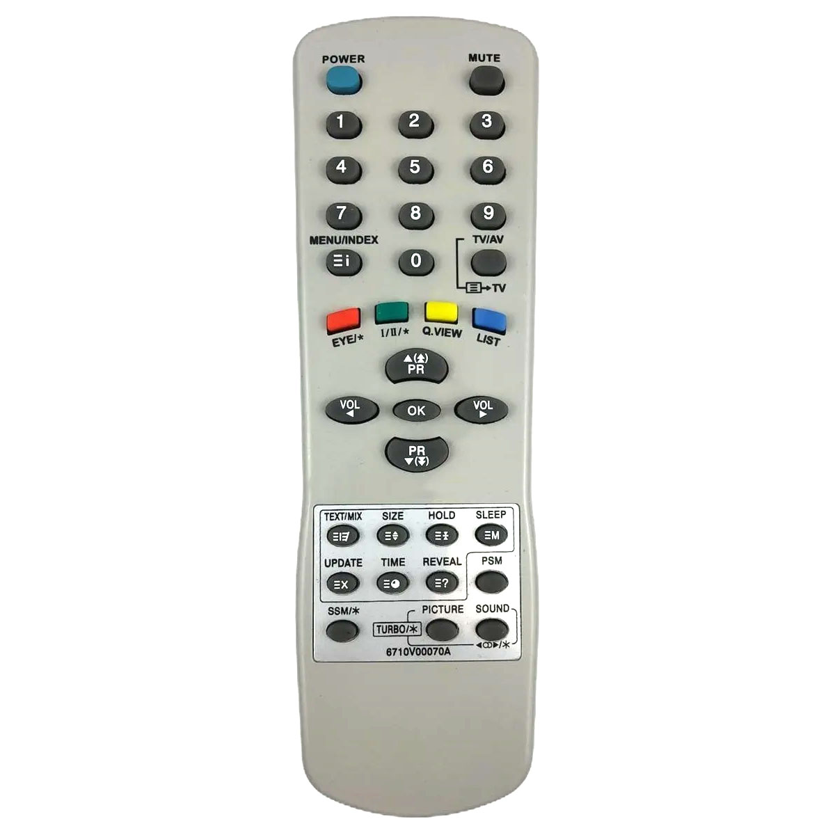 Пульт ДУ 6710V00070A для телевизоров LG (СТ-20Т30КЕ, CT-21G92, CT-21Q92KEX), ROLSEN (C15R12NT, C15R12ST, C15R12T, C15R80ST, C15R80T), цвет серый