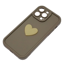 Чехол накладка для APPLE iPhone 14 Pro Max, силикон, 3D сердце, защита камеры, бортики, цвет коричневый