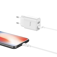 HOCO C62A Victoria зарядный адаптер с двумя USB 2.1А портами EU штекер многоуровневая защита CE сертификация + кабель X15B APPLE Lightning 8-pin, цвет белый.
