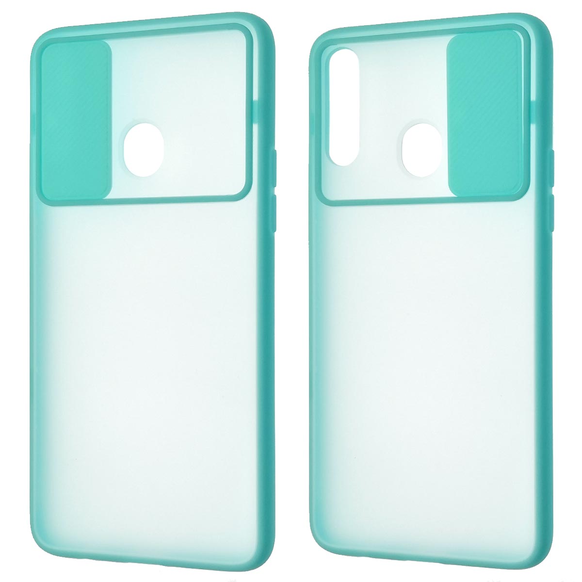 Чехол накладка для SAMSUNG Galaxy A20s (SM-A207), силикон, пластик, матовый, со шторкой для защиты задней камеры, цвет окантовки бирюзовый