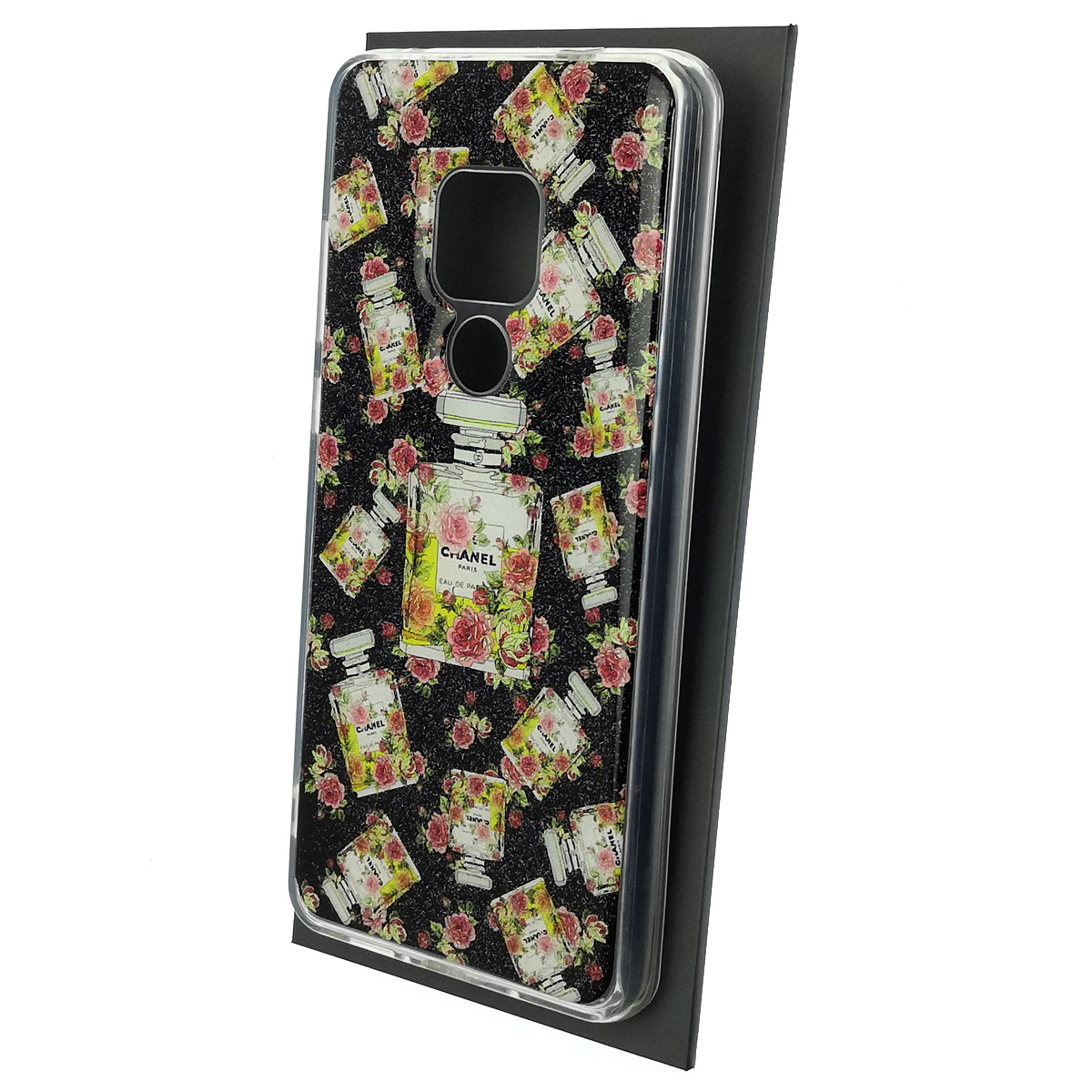 Чехол накладка для HUAWEI Mate 20, силикон, глянцевый, блестки, рисунок Духи Шанель PARIS