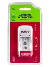 Зарядное устройство Perfeo CHARGER PF-VN-210 на 2 аккумулятора типа Ni-MH/CD типаразмеров AAA, AA и 1 слота крона 9V (6F22), работает от сети 220В, индикация заряда, таймер автоотключения, цвет белый